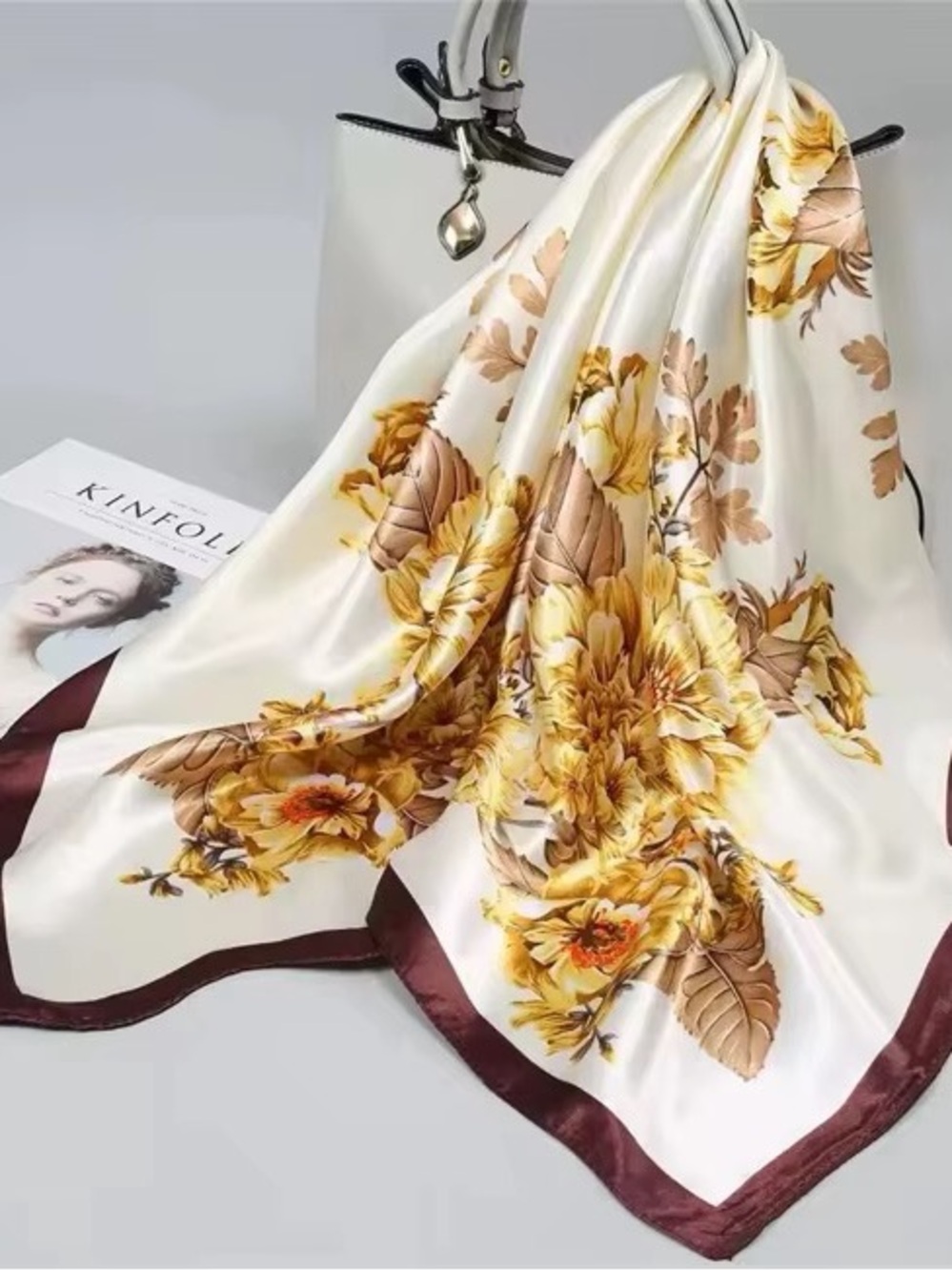 Cream Floral Satin Scarf with Yellow and Brown Accents